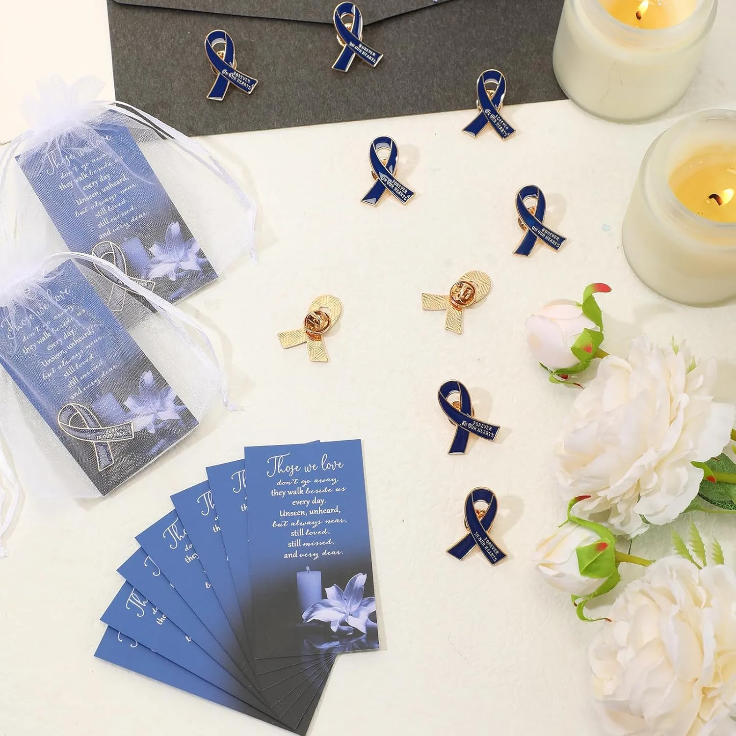 Unittype 60 Set Funeral Ribbon Pins Awareness Lapel Pin Remembrance Ribbon Brooch with Prayer Cards Organza Bags