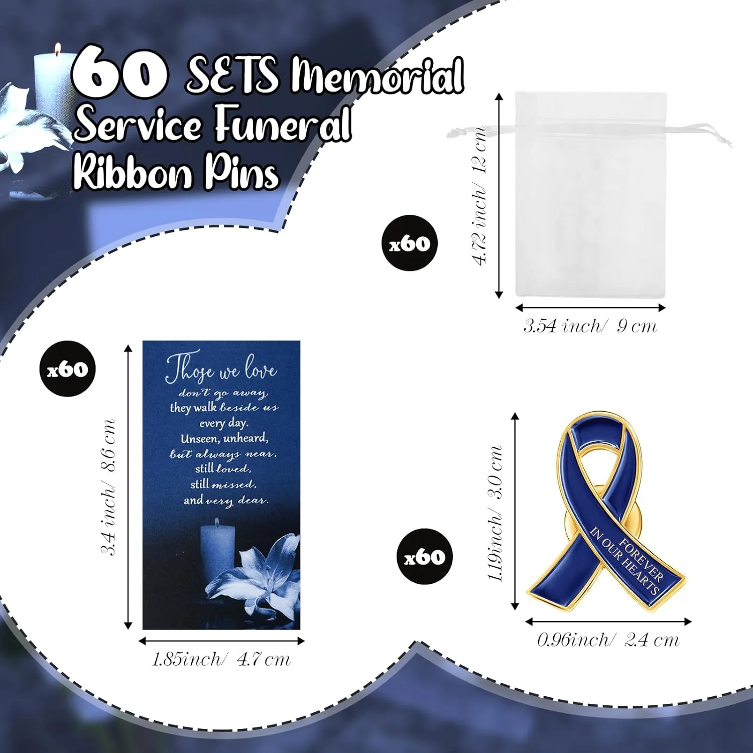 Unittype 60 Set Funeral Ribbon Pins Awareness Lapel Pin Remembrance Ribbon Brooch with Prayer Cards Organza Bags