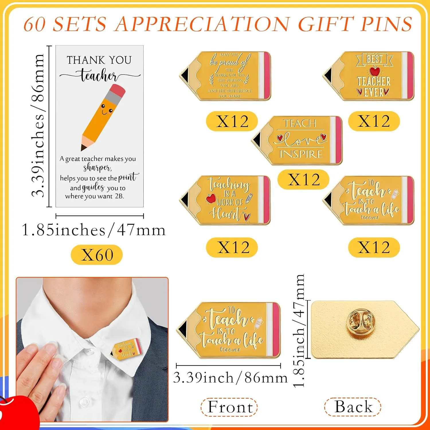Unittype 60 Sets Teacher Lapel Pins Appreciation Gift Bulk Thank You Card Brooch Pins for Teacher Appreciation Week