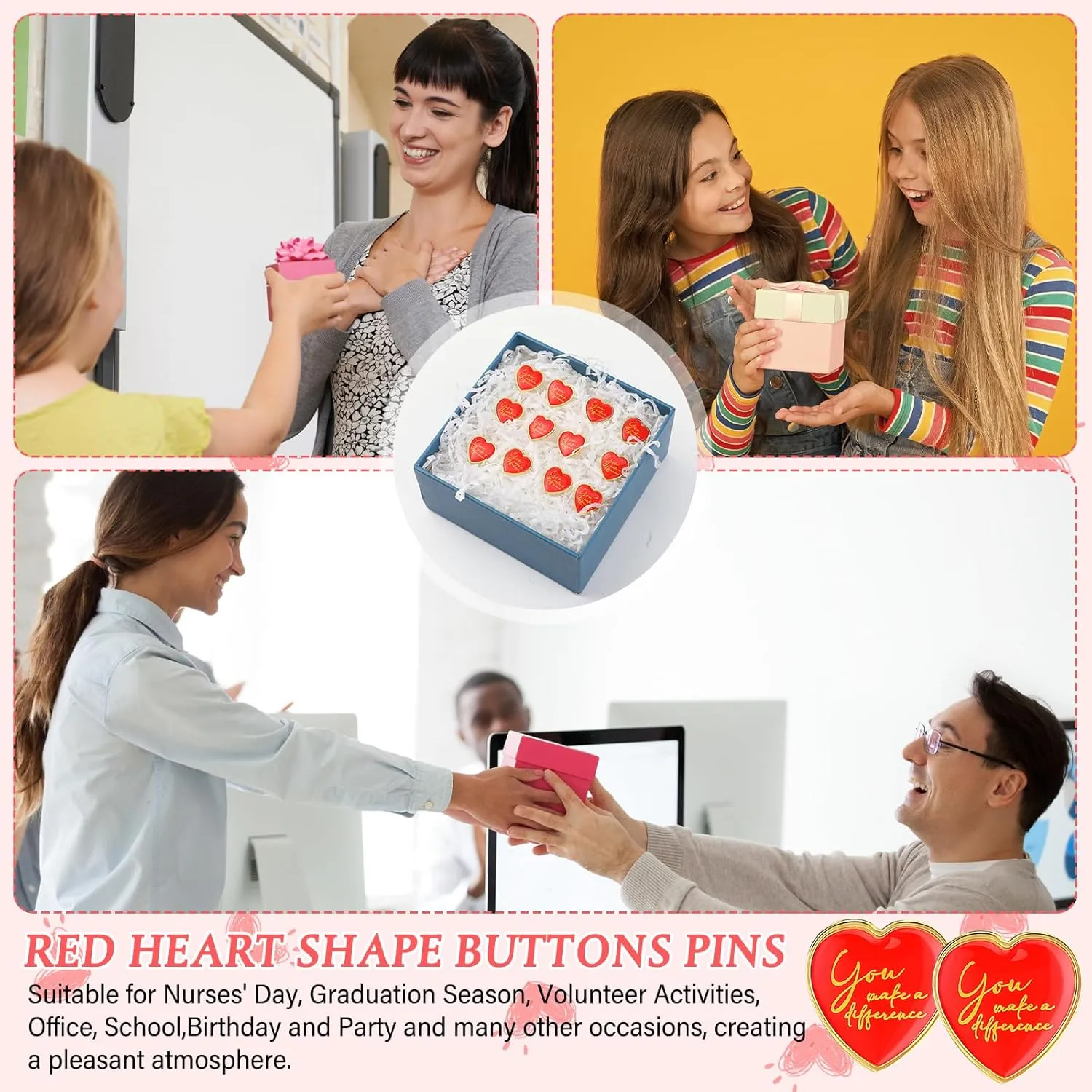 Unittype You Make a Difference Button Pins Enamel Heart Shape Graduation Motivational Lapel Pins Bulk Recognition Kawaii Heart Badges for Employee Nurse Teacher Volunteer Hats