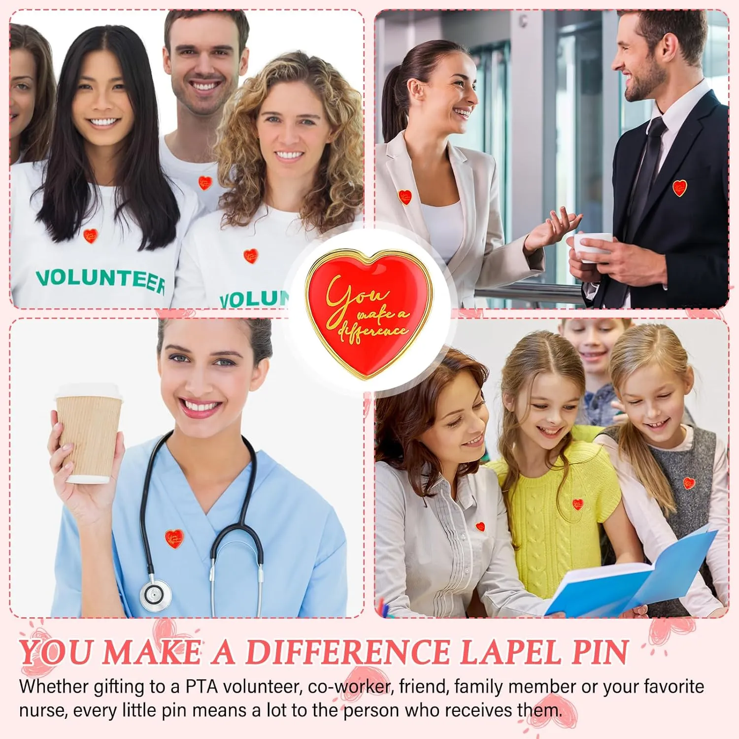 Unittype You Make a Difference Button Pins Enamel Heart Shape Graduation Motivational Lapel Pins Bulk Recognition Kawaii Heart Badges for Employee Nurse Teacher Volunteer Hats