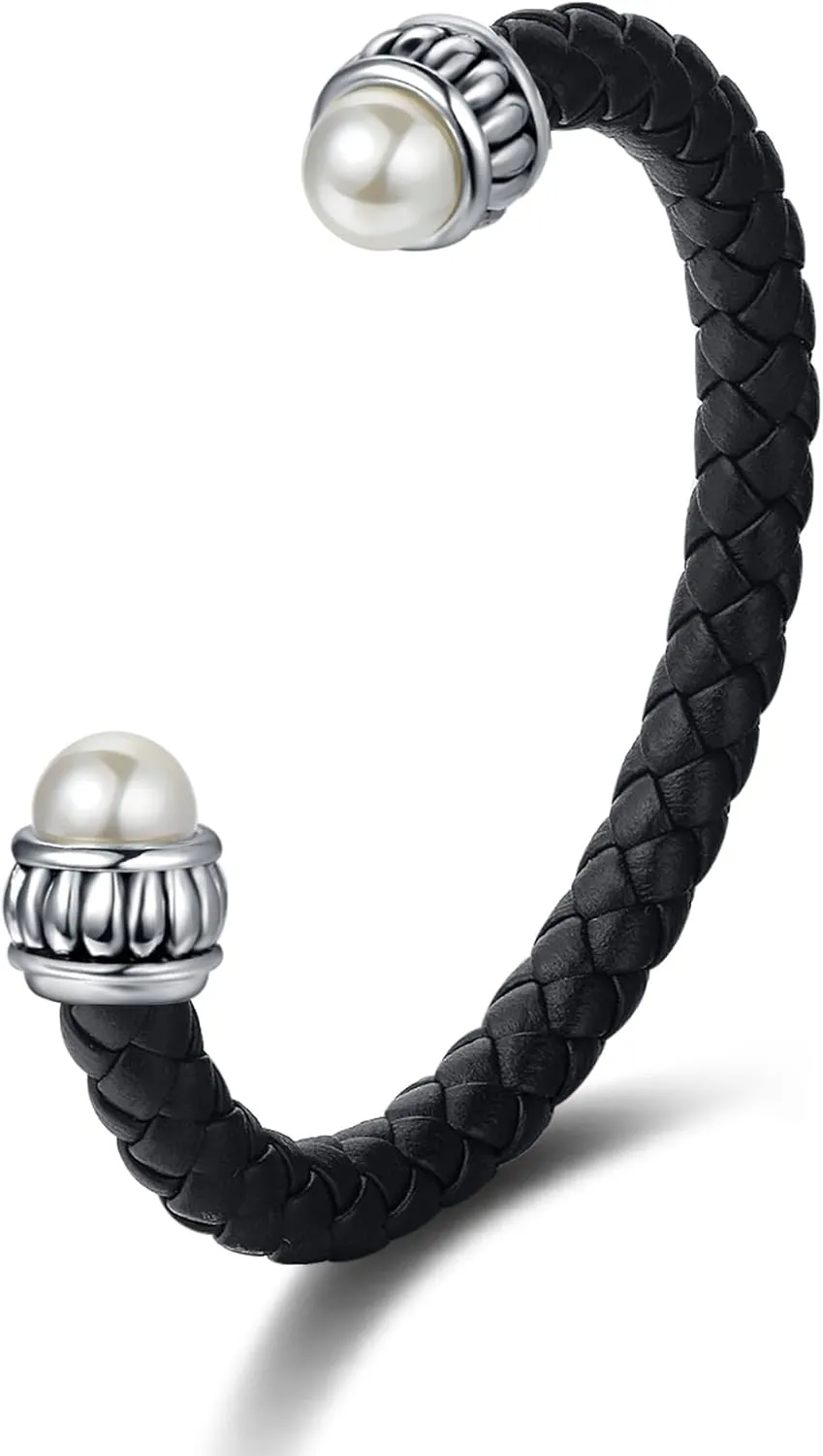 UNY JEWEL Jewelry Handcrafted Women Braided Leather Open Cuff Bracelet Bumpy Caviar Imitation Pearl Bangle Christmas Valentine Gifts