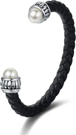 UNY JEWEL Jewelry Handcrafted Women Braided Leather Open Cuff Bracelet Bumpy Caviar Imitation Pearl Bangle Christmas Valentine Gifts
