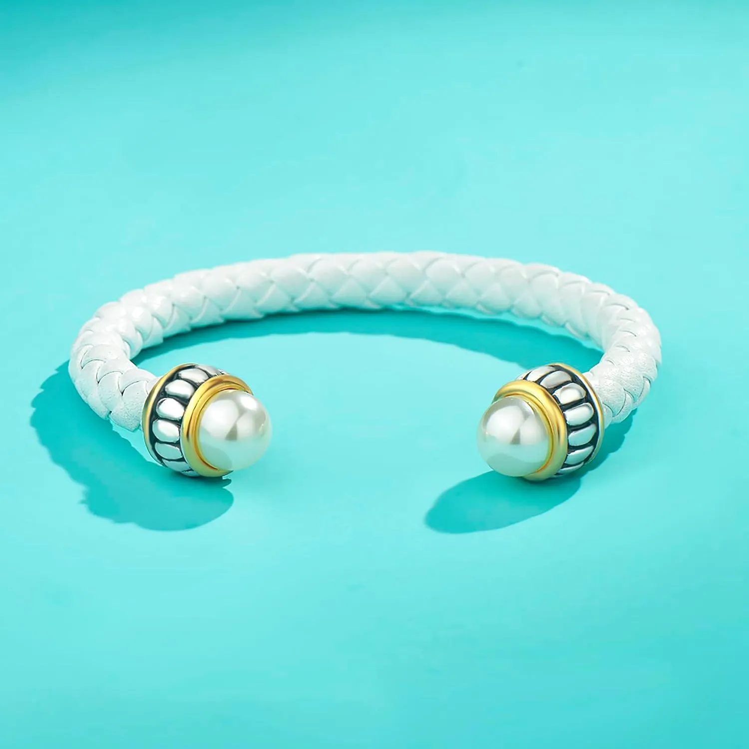 UNY JEWEL Jewelry Handcrafted Women Braided Leather Open Cuff Bracelet Bumpy Caviar Imitation Pearl Bangle Christmas Valentine Gifts