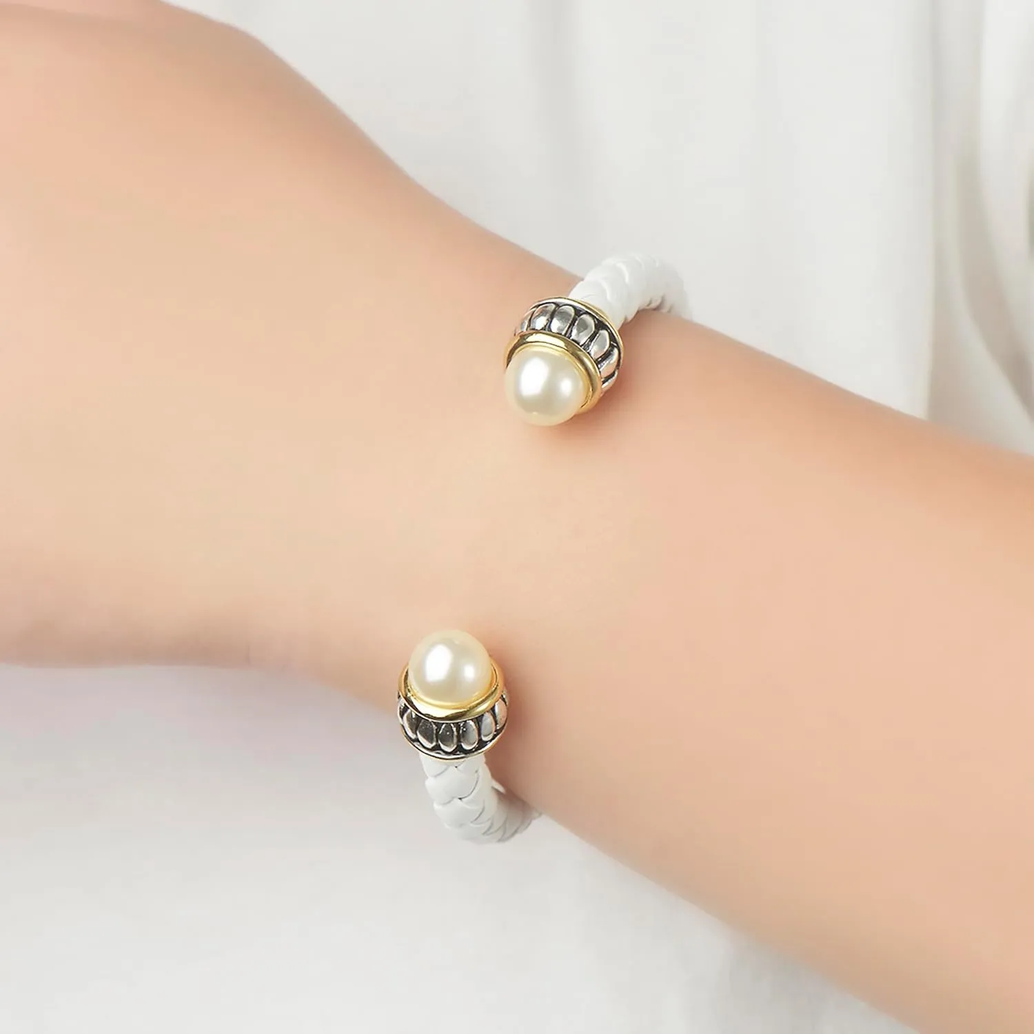 UNY JEWEL Jewelry Handcrafted Women Braided Leather Open Cuff Bracelet Bumpy Caviar Imitation Pearl Bangle Christmas Valentine Gifts
