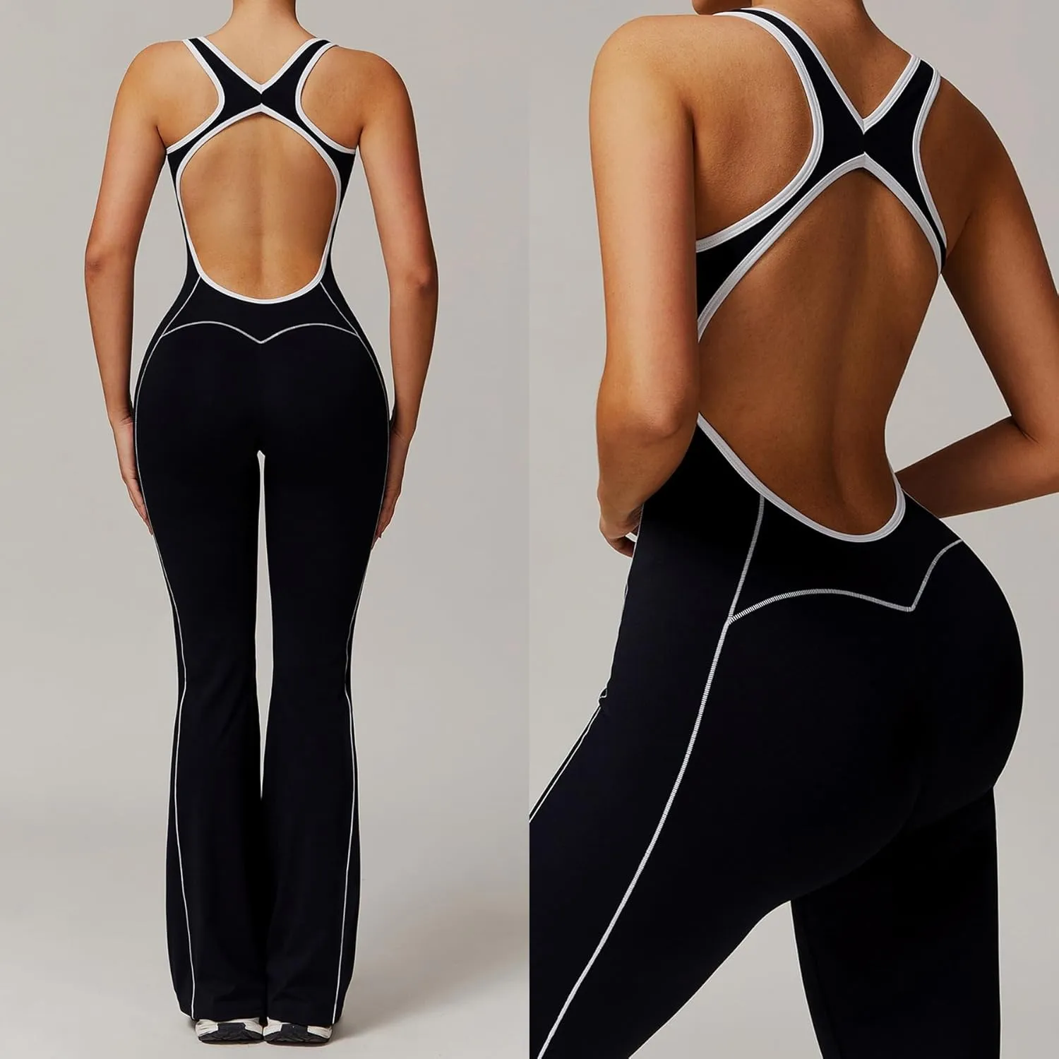 Unybwonn Women Workout Jumpsuit Bodycon Backless Sleeveless Yoga One Piece Romper Butt Lift Gym Flare Leg Jumpsuits with Bra