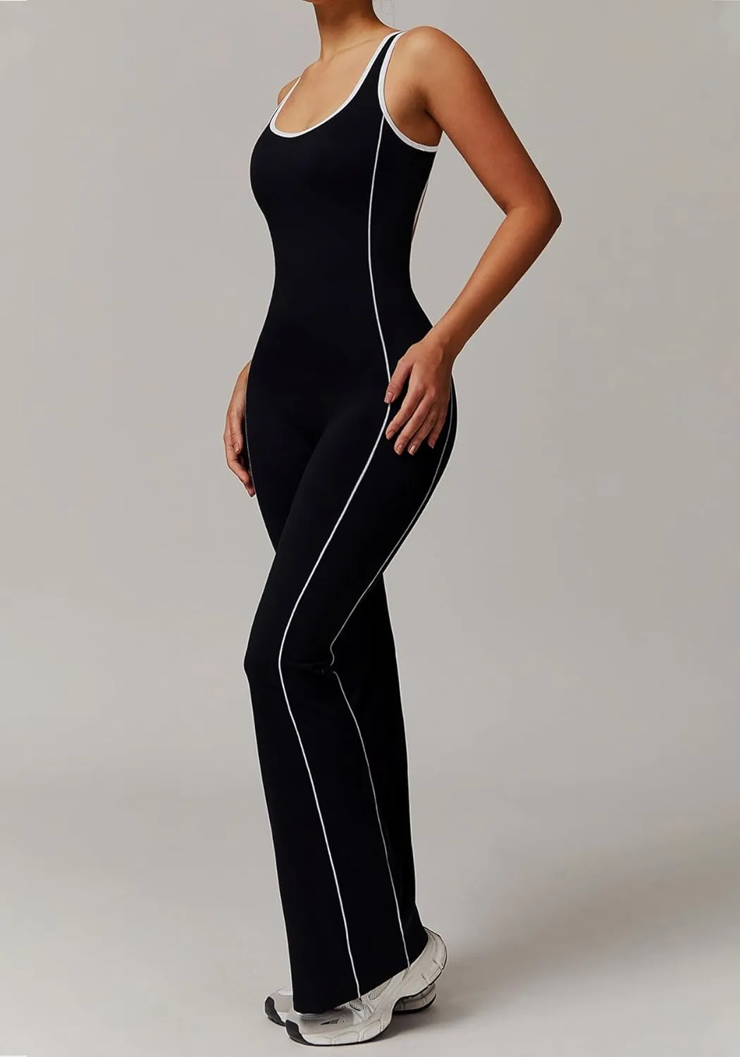 Unybwonn Women Workout Jumpsuit Bodycon Backless Sleeveless Yoga One Piece Romper Butt Lift Gym Flare Leg Jumpsuits with Bra