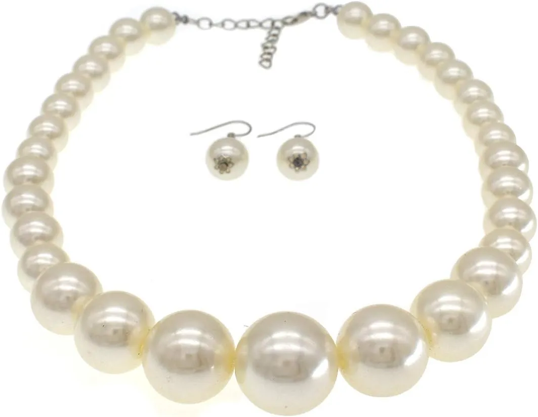 Utop Big Pearl Choker Necklace for Women Faux Pearl Beads Strand Necklace Earrings Set 1920s Pearl Costume Jewelry