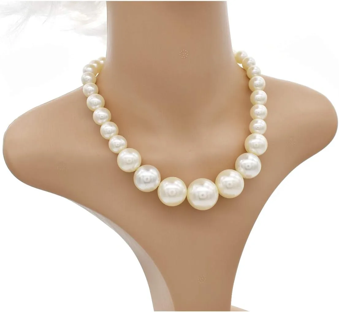 Utop Big Pearl Choker Necklace for Women Faux Pearl Beads Strand Necklace Earrings Set 1920s Pearl Costume Jewelry