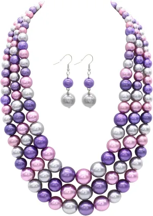 Utop Faux Big Pearl Necklace for Women - Multi Strand 3 Layers Necklace and Earrings Set - 1920s Costume Jewelry