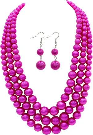 Utop Faux Big Pearl Necklace for Women - Multi Strand 3 Layers Necklace and Earrings Set - 1920s Costume Jewelry