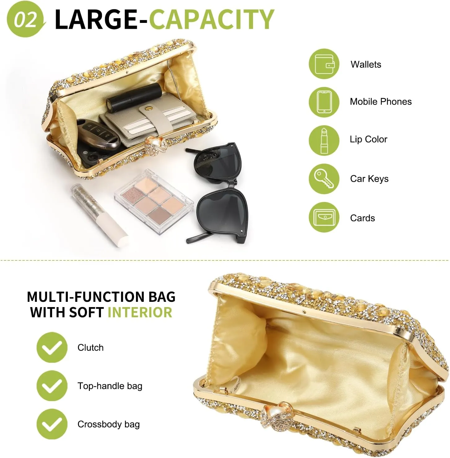 uxcell Evening Bags for Women, Sparkly Crystal Rhinestone Clutch Purse with 2 Chain Straps Handbags for Wedding Party Evening Weekend, Gold