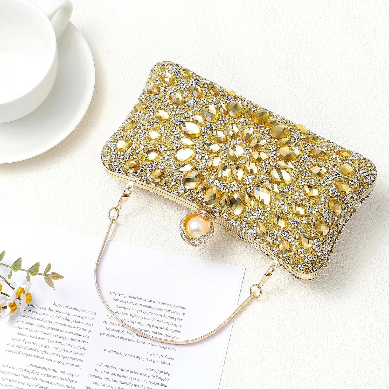 uxcell Evening Bags for Women, Sparkly Crystal Rhinestone Clutch Purse with 2 Chain Straps Handbags for Wedding Party Evening Weekend, Gold