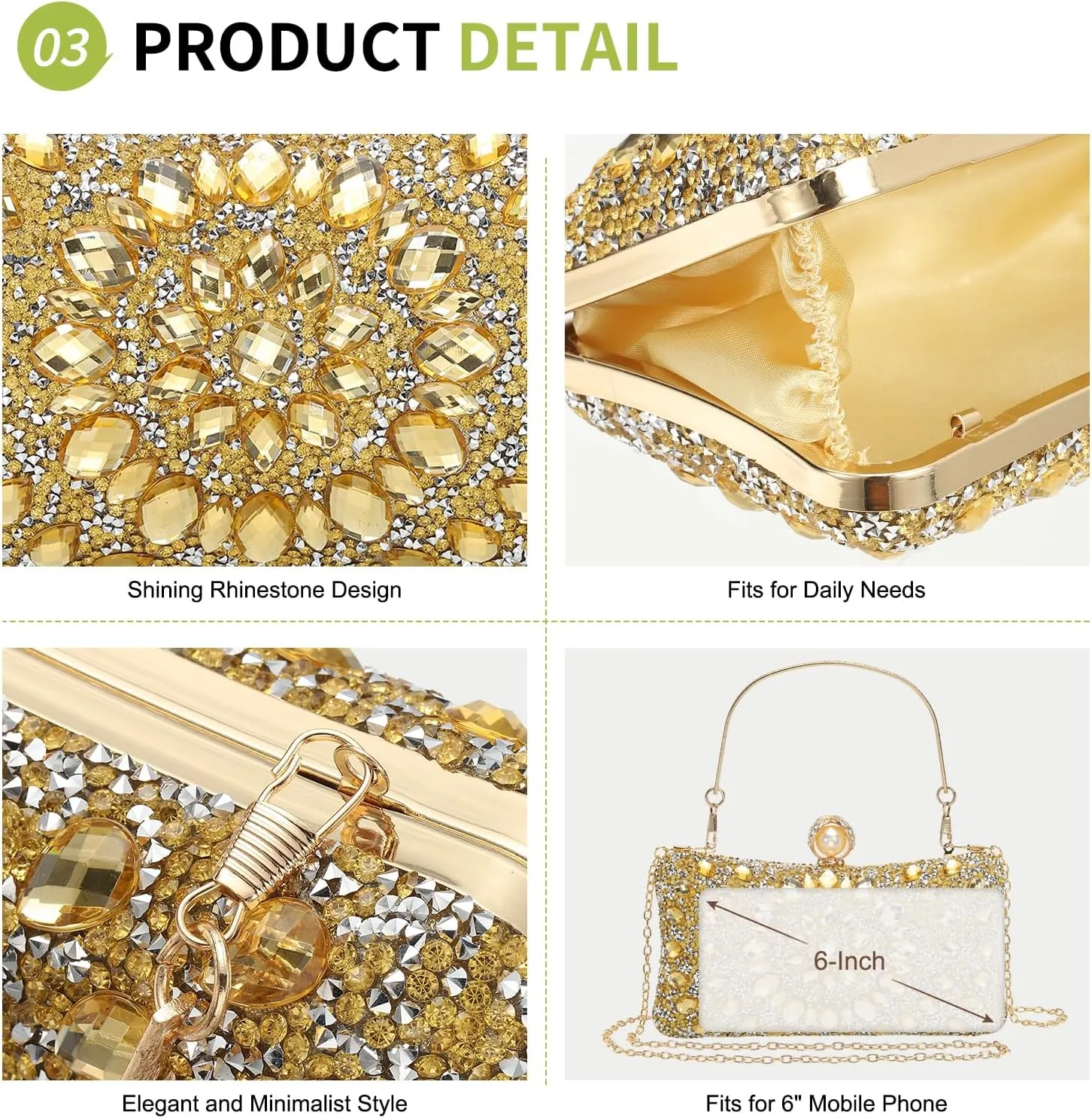 uxcell Evening Bags for Women, Sparkly Crystal Rhinestone Clutch Purse with 2 Chain Straps Handbags for Wedding Party Evening Weekend, Gold