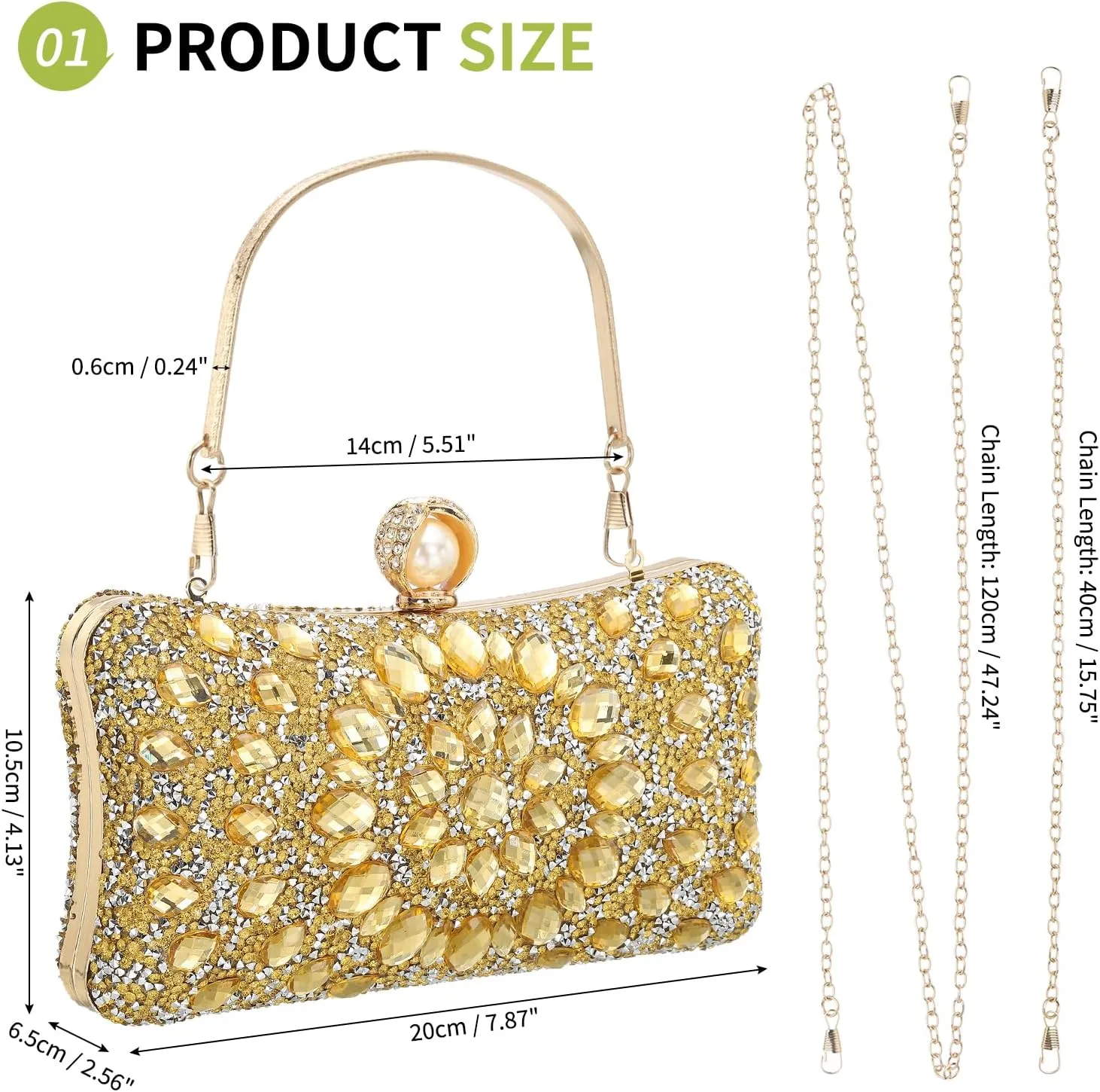 uxcell Evening Bags for Women, Sparkly Crystal Rhinestone Clutch Purse with 2 Chain Straps Handbags for Wedding Party Evening Weekend, Gold