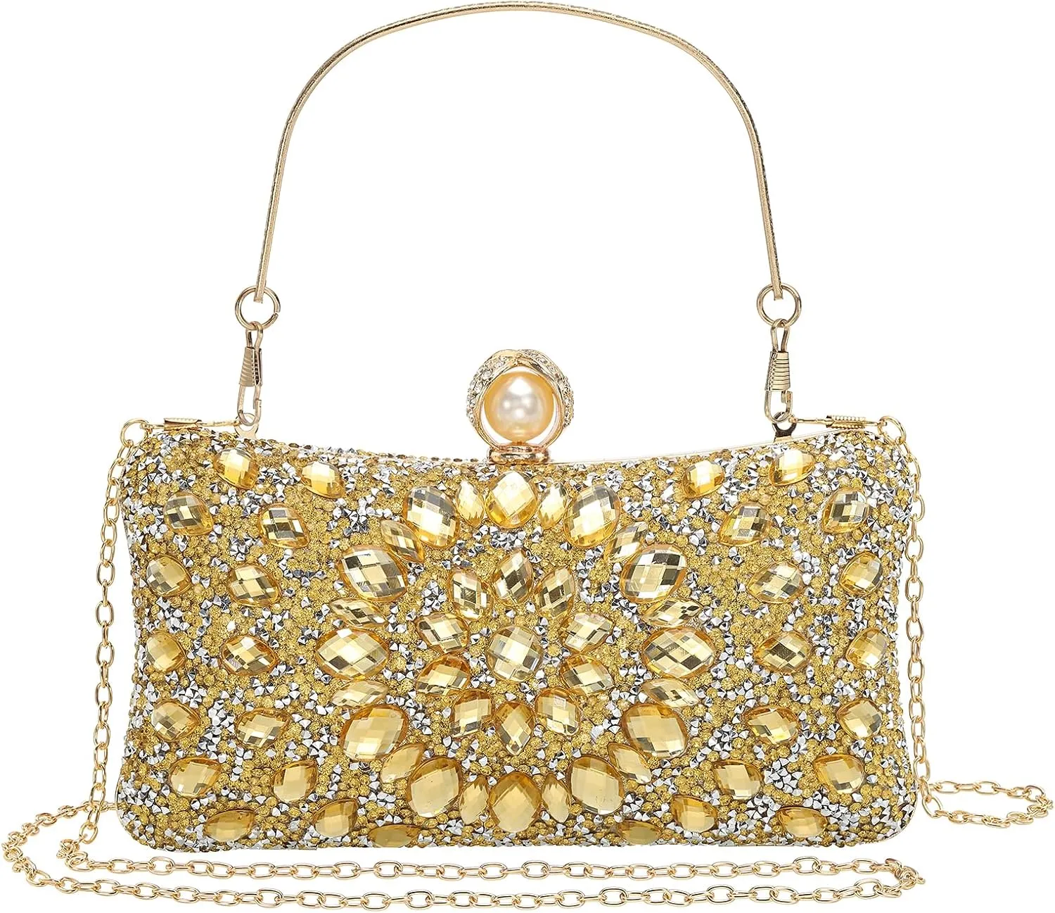uxcell Evening Bags for Women, Sparkly Crystal Rhinestone Clutch Purse with 2 Chain Straps Handbags for Wedding Party Evening Weekend, Gold