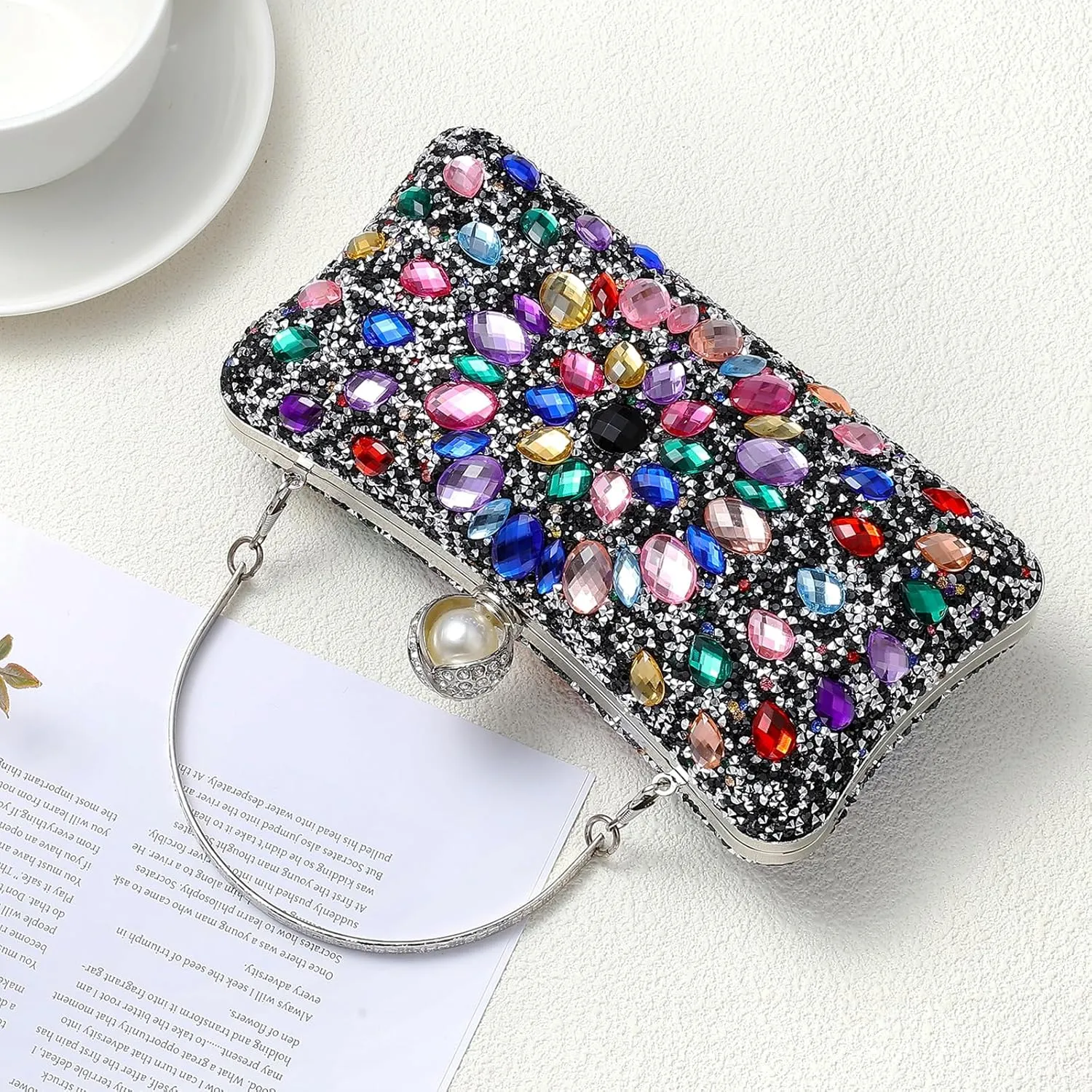 uxcell Evening Bags for Women, Sparkly Crystal Rhinestone Clutch Purse with Chain Straps Handbags for Wedding Party Evening Weekend, Black Colorful