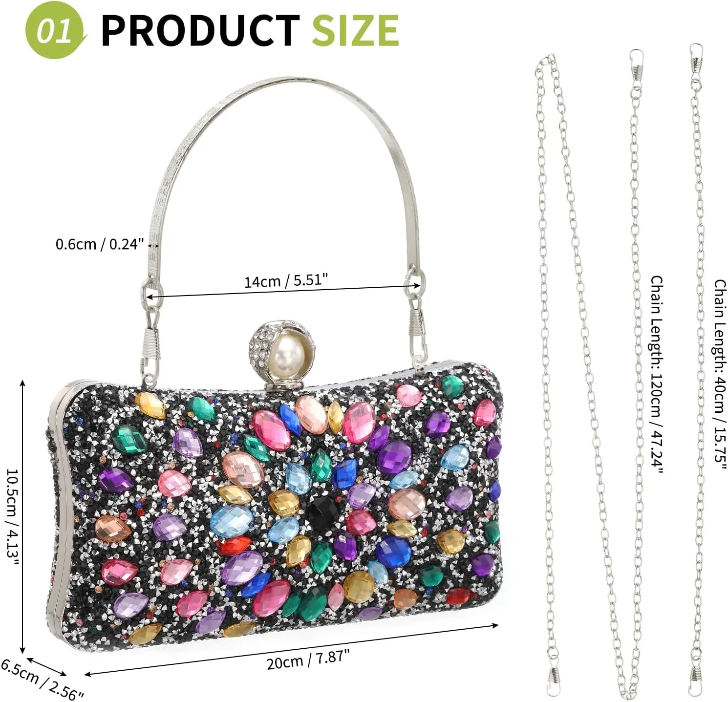 uxcell Evening Bags for Women, Sparkly Crystal Rhinestone Clutch Purse with Chain Straps Handbags for Wedding Party Evening Weekend, Black Colorful