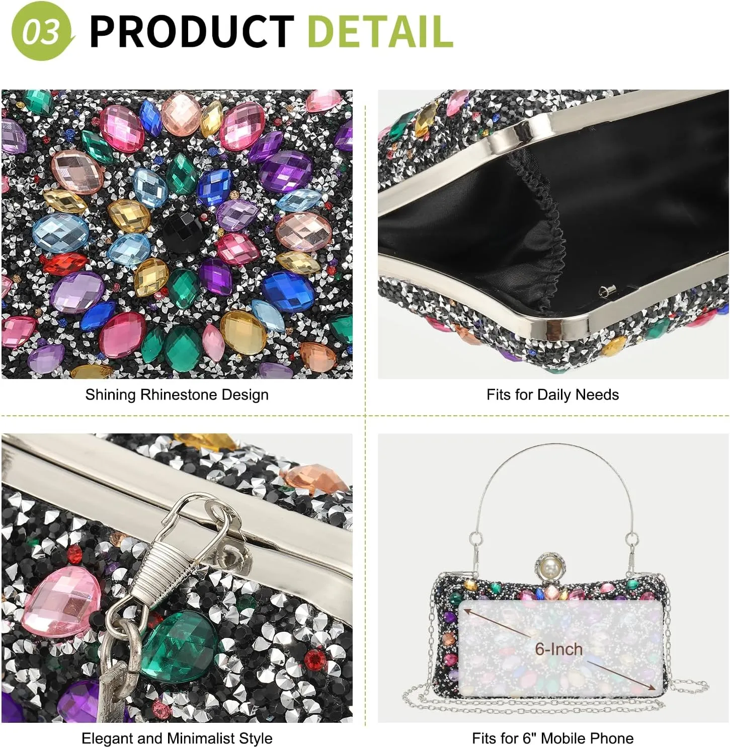 uxcell Evening Bags for Women, Sparkly Crystal Rhinestone Clutch Purse with Chain Straps Handbags for Wedding Party Evening Weekend, Black Colorful