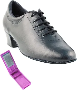 Very Fine Dance Shoes - Ladies Practice, Cuban Low Heel Ballroom Dance Shoes - 2601-1.5-inch Heel and Foldable Brush Bundle - Black Leather - 9.5