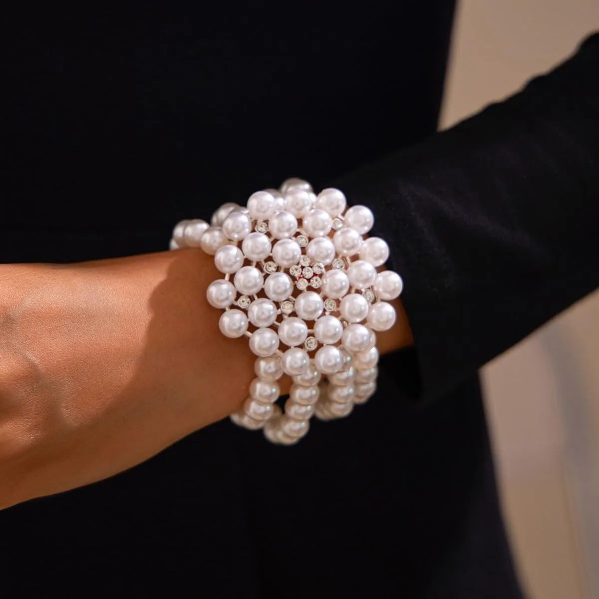 Vintage Faux Pearl Choker Necklace 4 Tier Multi-Strand Rhinestone Pearl Bracelet Chunky Elegant Pearl 1920s Women's Jewelry