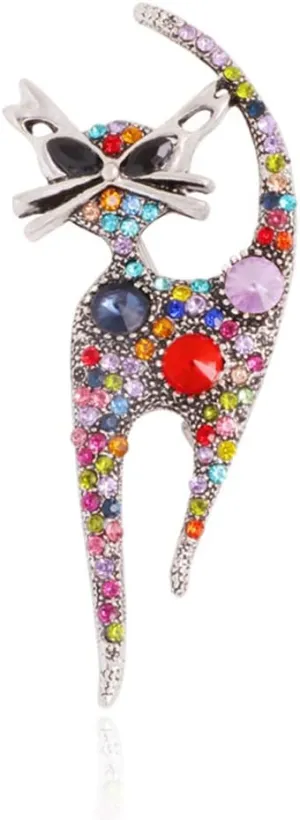 Vintage Rhinestone Cat Brooch Pin for Women Girls Silver Plated Fashion Cute Colorful Crystals Animal Kitten Brooches Lapel Pins Dress Accessories Holiday Birthday Party Jewelry Unisex Gift Souvenir