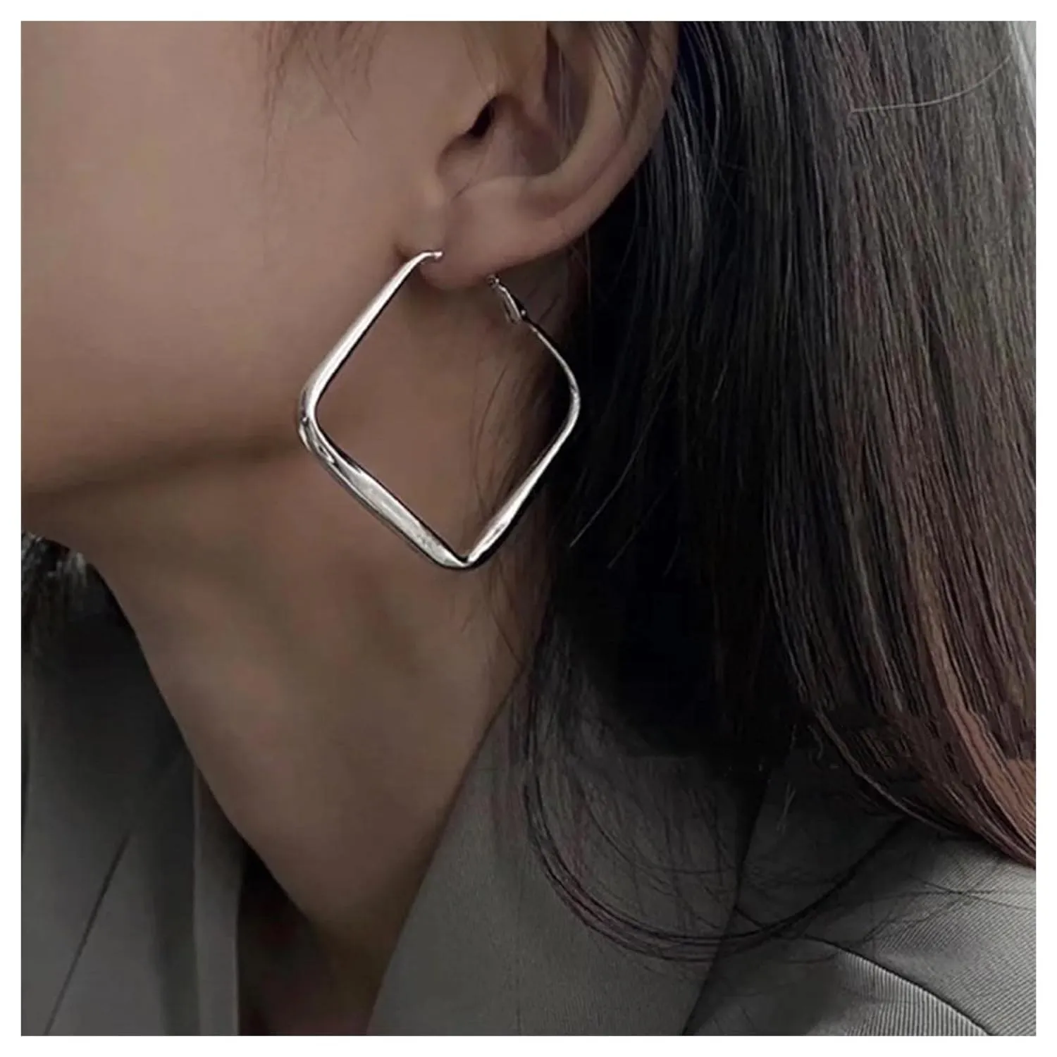 Vintage Square Earrings Large Hollow Geometric Square Stud Earrings Open Square Hoop Earrings Silver Geometric Earrings Jewelry