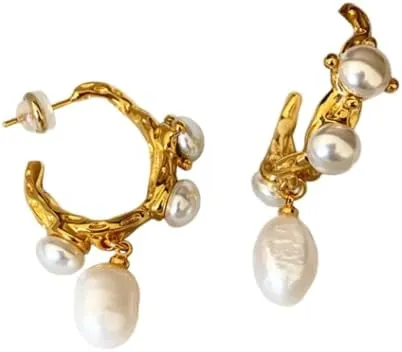 Vintage Style Pearl Dangle Earrings, Gold Plated, Wedding Statement Earrings