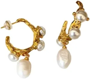 Vintage Style Pearl Dangle Earrings, Gold Plated, Wedding Statement Earrings