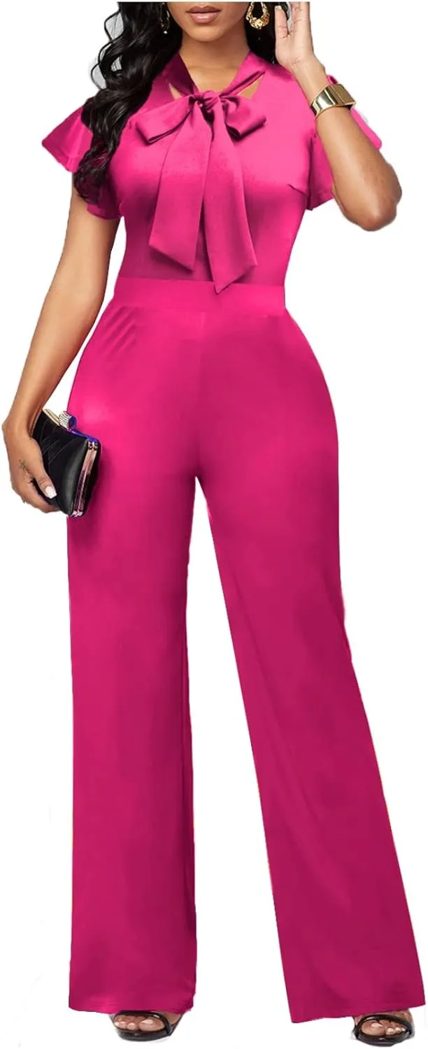 WanMem Jumpsuits for Women Ruffled Sleeveless Romper V-Neck High Waist Loose Long Wide Pants Jumpsuit
