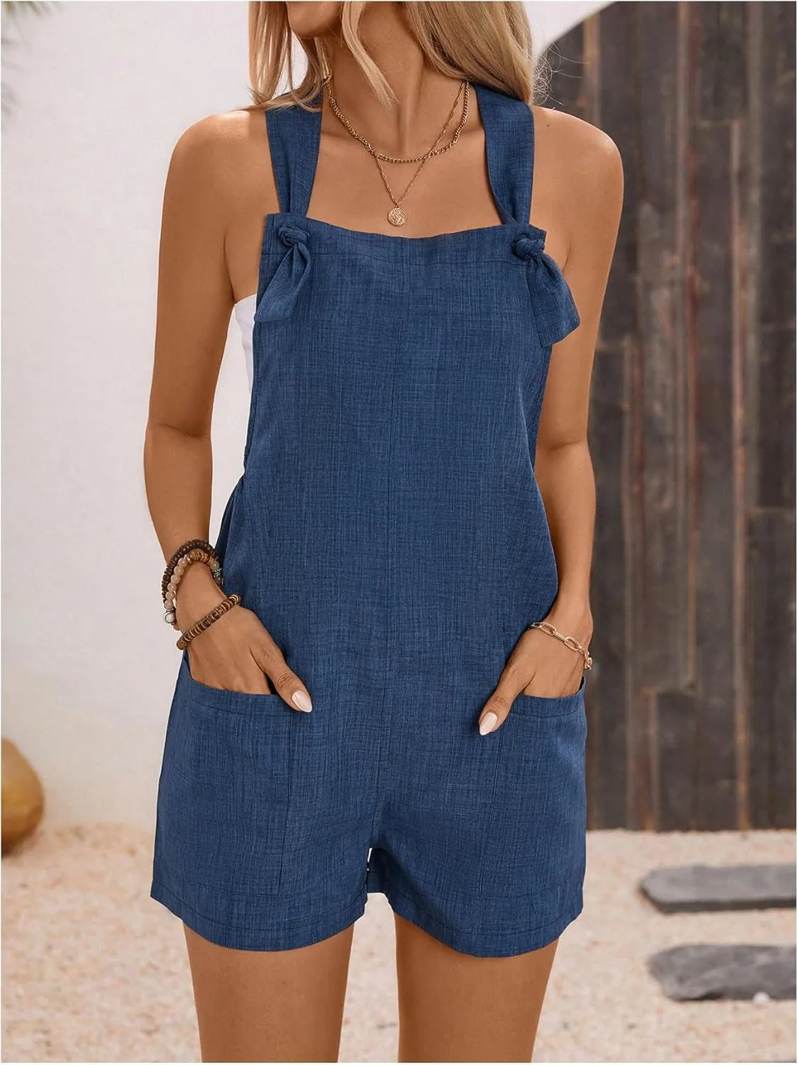 WDIRARA Women's Tie Knot Sleeveless Overall Romper Summer Shorts Jumpsuits with Pockets