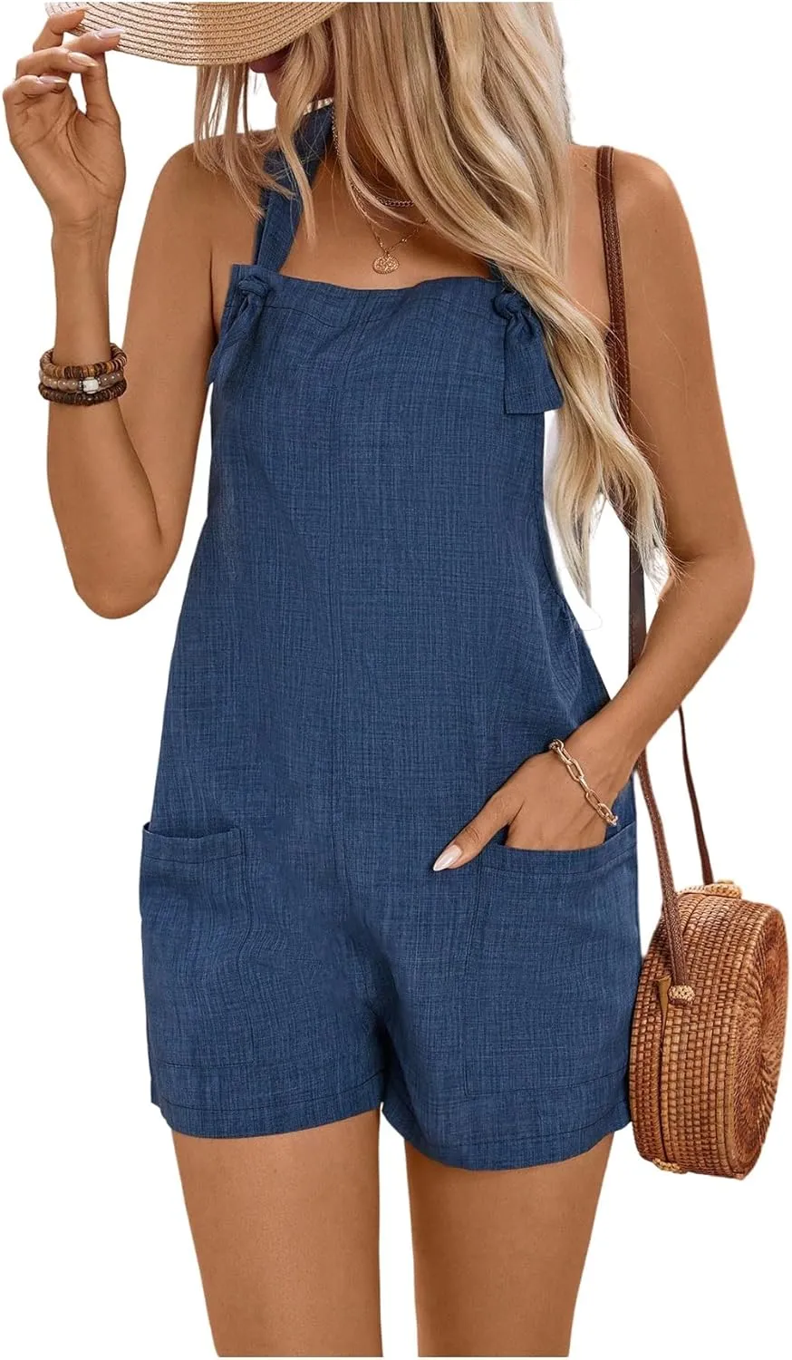 WDIRARA Women's Tie Knot Sleeveless Overall Romper Summer Shorts Jumpsuits with Pockets