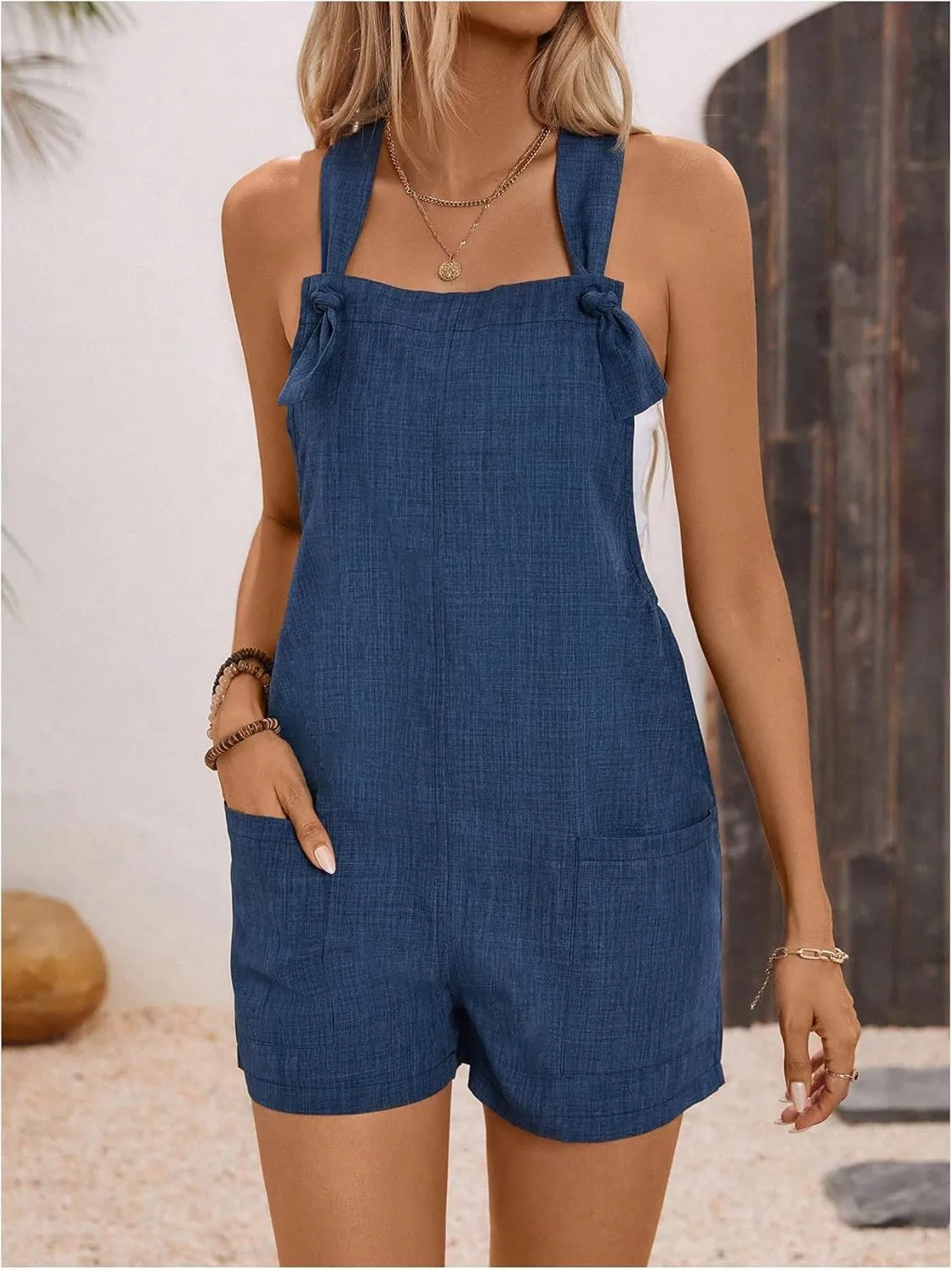 WDIRARA Women's Tie Knot Sleeveless Overall Romper Summer Shorts Jumpsuits with Pockets