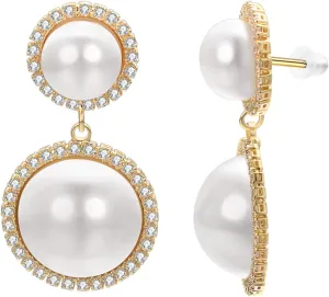 White Pearl Dangle Earrings for Women Gold Plated Cubic Zirconia Earrings Long Drop Jewelry Gift