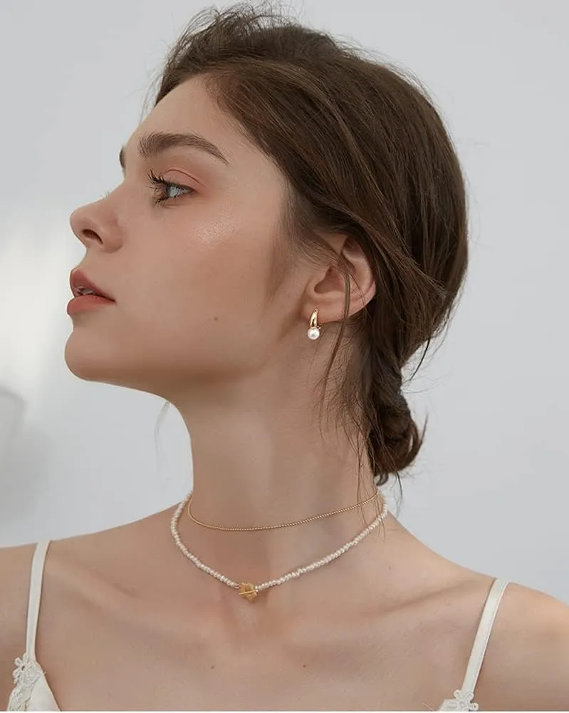 White Pearl Drop Earrings for Women Sterling Silver Small Hoop Earrings with Pearl Huggie Hoops Earrings Studs 18K Gold Plated/White Gold Plated Dainty Pearl Jewelry Gift Hypoallergenic