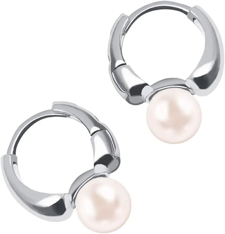 White Pearl Drop Earrings for Women Sterling Silver Small Hoop Earrings with Pearl Huggie Hoops Earrings Studs 18K Gold Plated/White Gold Plated Dainty Pearl Jewelry Gift Hypoallergenic