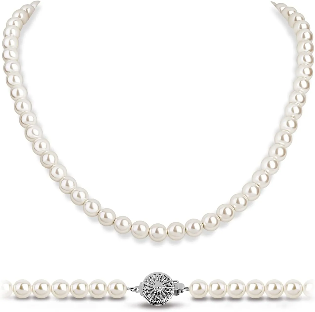 White Pearl Strand Necklace Women: 8mm/10mm Ivory Pearl Chain Wedding Jewelry with Dainty Silver Clasp for Bride Bridemaid - Trendy Accessory for Mother Graduate Elegant Lady