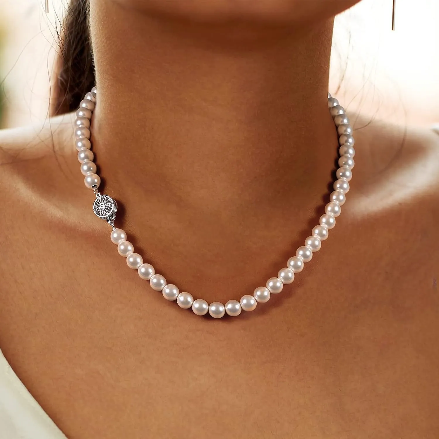 White Pearl Strand Necklace Women: 8mm/10mm Ivory Pearl Chain Wedding Jewelry with Dainty Silver Clasp for Bride Bridemaid - Trendy Accessory for Mother Graduate Elegant Lady