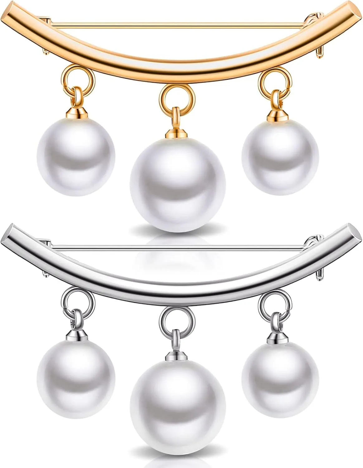WILLBOND 2 Pieces Artificial Pearl Brooch Pins Anti-Exposure Neckline Safety Pins Faux Pearl Sweater Shawl Clips for Women Wedding Party Decorations (Gold and Silver)