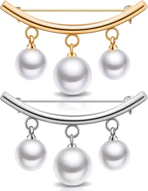 WILLBOND 2 Pieces Artificial Pearl Brooch Pins Anti-Exposure Neckline Safety Pins Faux Pearl Sweater Shawl Clips for Women Wedding Party Decorations (Gold and Silver)