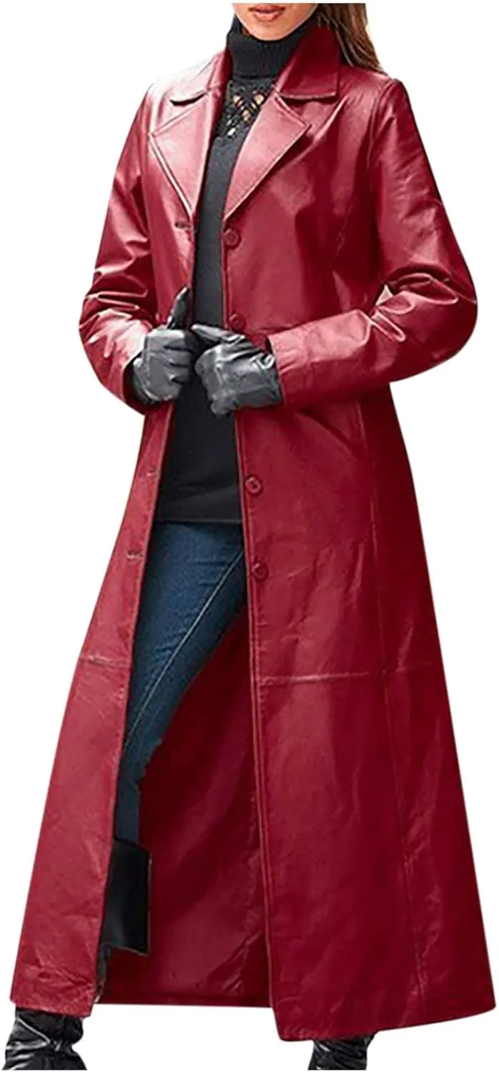 Winter Jackets for Women Trench Coats PU Faux Leather Jacket Maxi Long Motorcycle Jacket Notch Lapel Coat Outwear