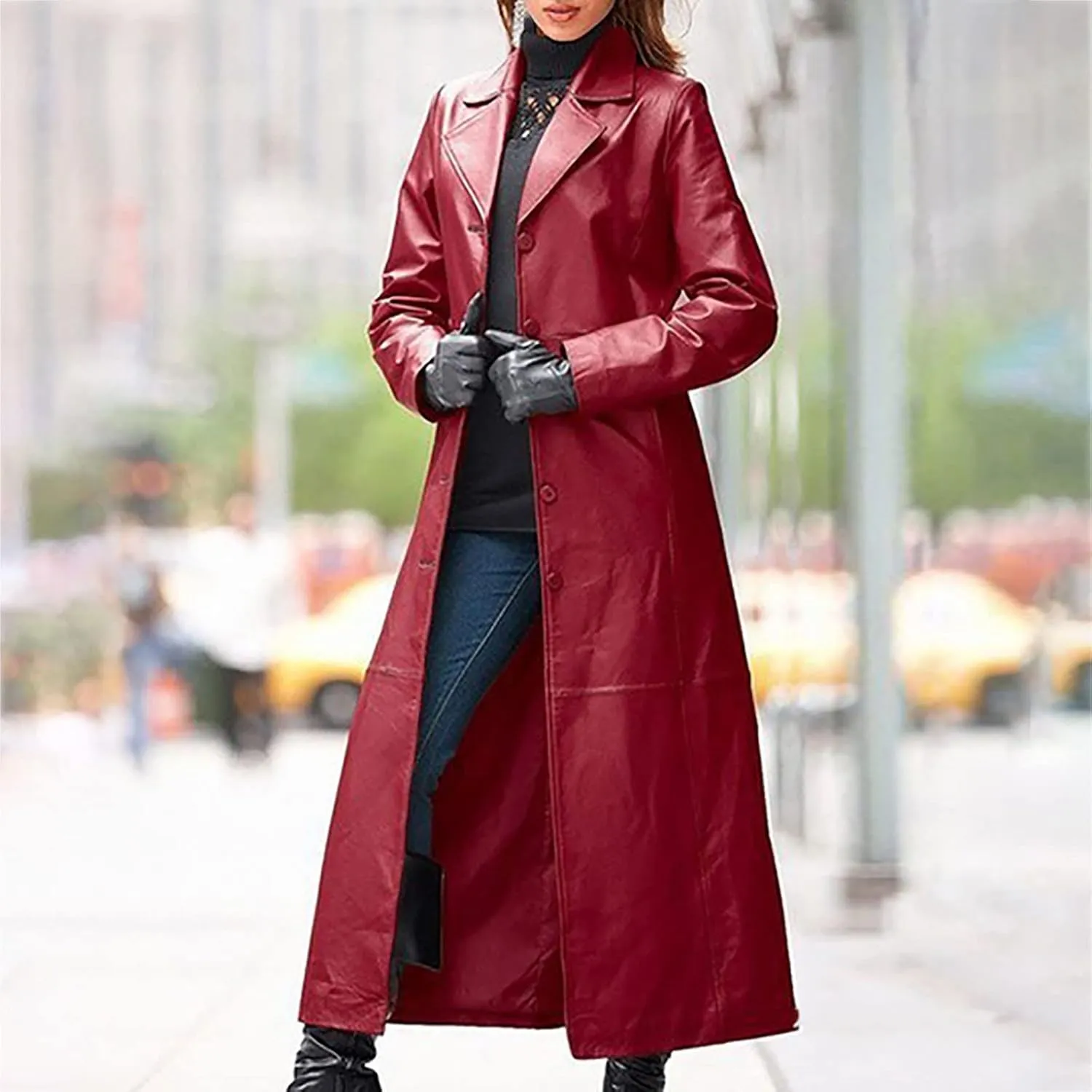 Winter Jackets for Women Trench Coats PU Faux Leather Jacket Maxi Long Motorcycle Jacket Notch Lapel Coat Outwear