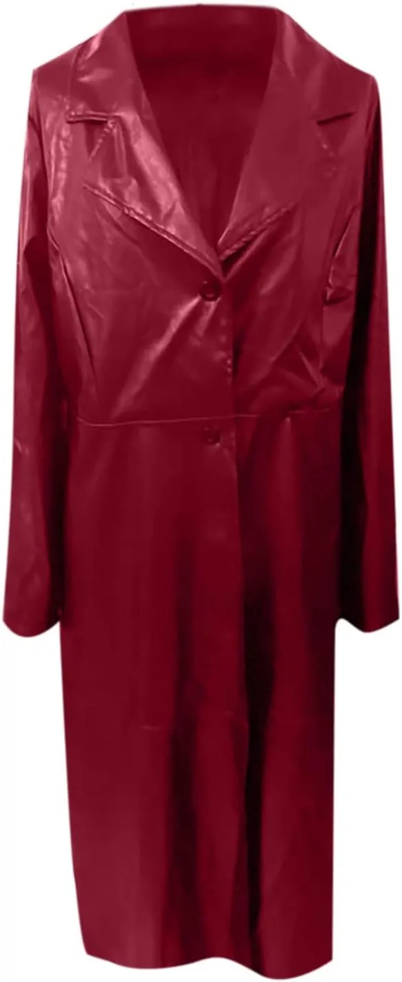 Winter Jackets for Women Trench Coats PU Faux Leather Jacket Maxi Long Motorcycle Jacket Notch Lapel Coat Outwear