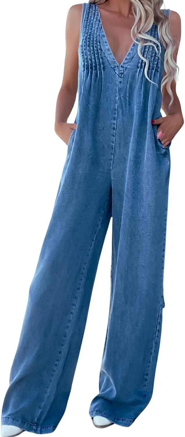 Women Denim Jumpsuits V Neck Sleeveless Smocked Adjustable Strap Wide Leg Jean Romper Overalls