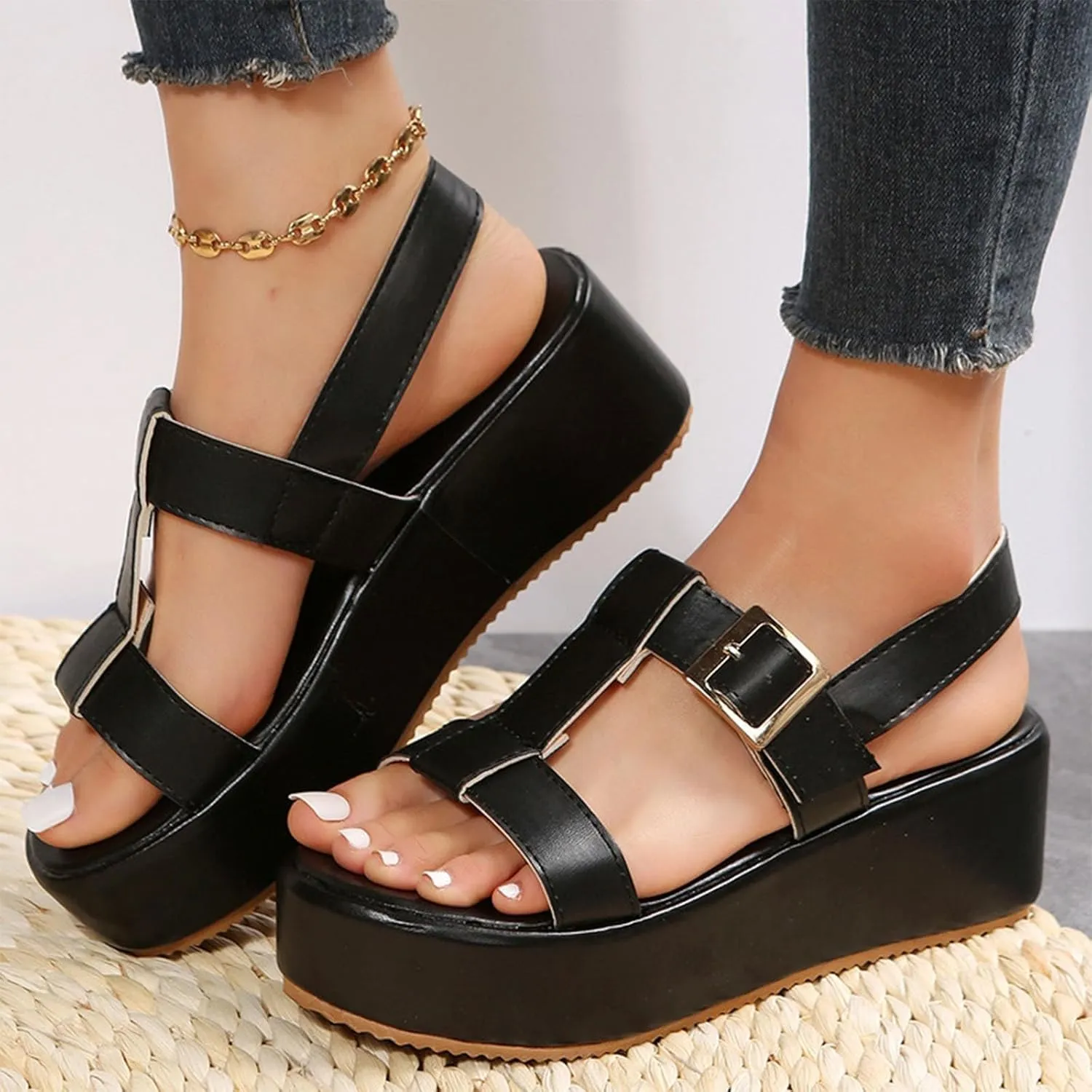 Women Flatform Sandals Buckle Ankle Strap Platform Wedge Sandal Summer Comfortable Open Toe Beach for Women Walking Shoes