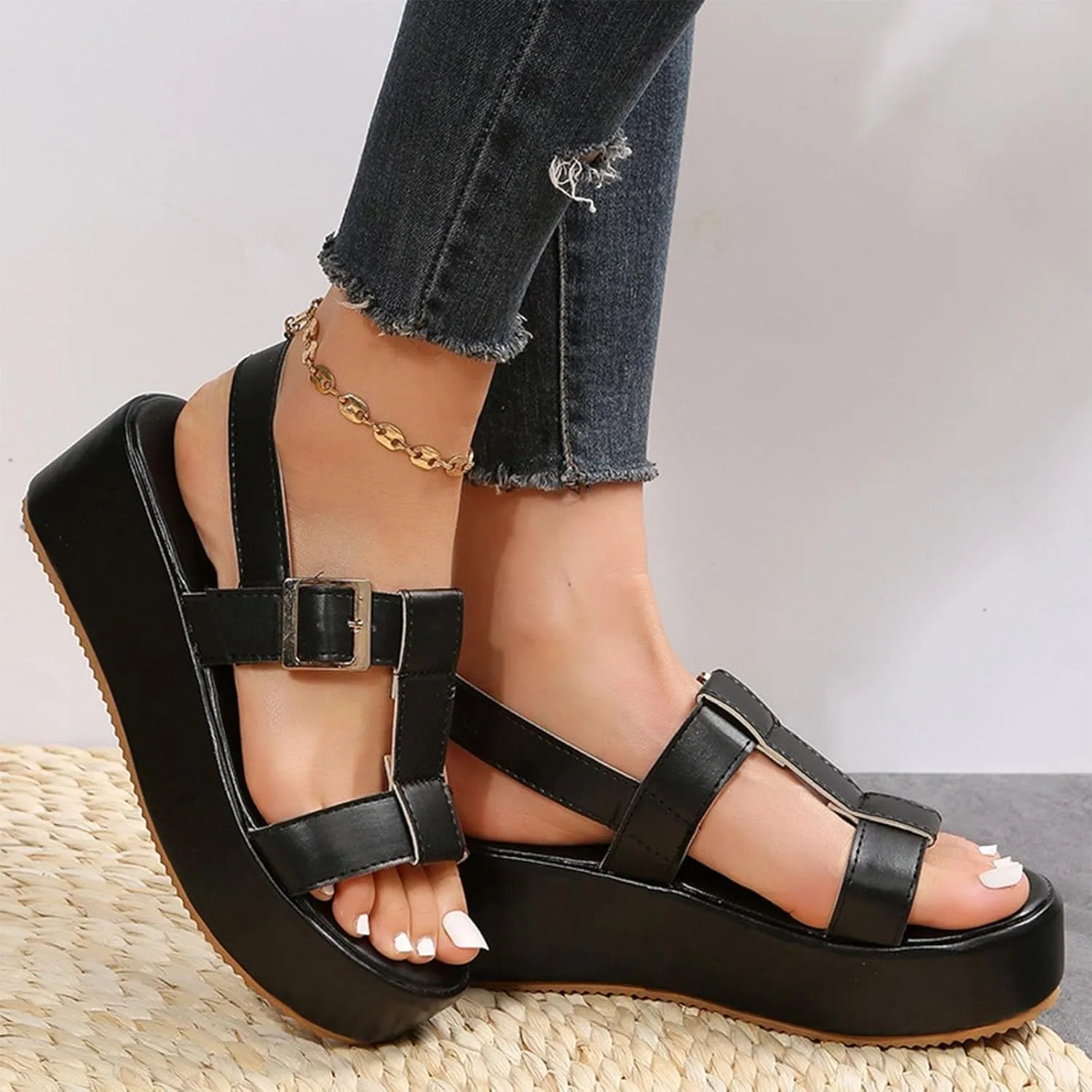 Women Flatform Sandals Buckle Ankle Strap Platform Wedge Sandal Summer Comfortable Open Toe Beach for Women Walking Shoes