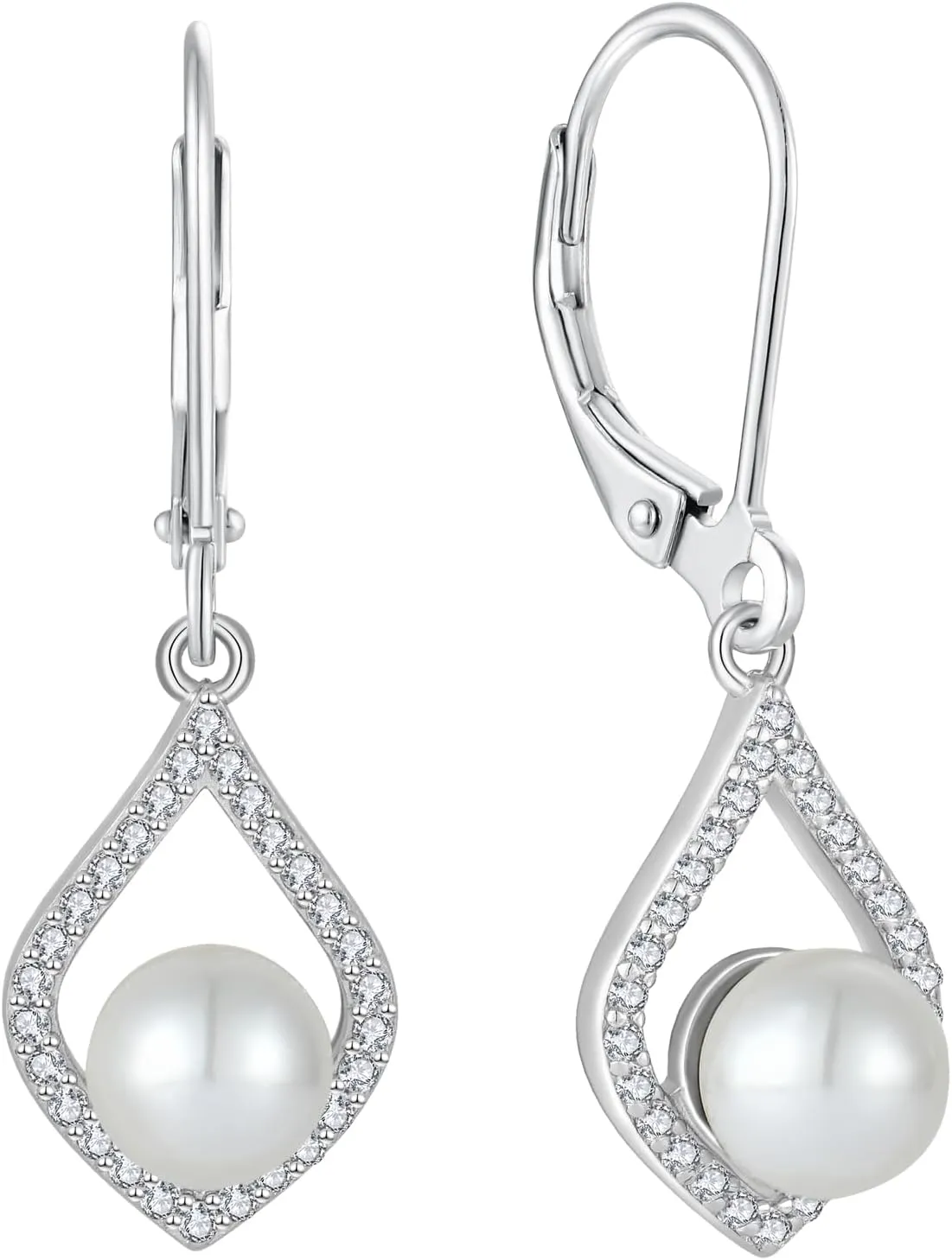 Women Pearl Earrings,925 Sterling Silver 5A Cubic Zirconia Leverback Dangle Drop Earrings with Cultured Freshwater Pearl for Her Mother Wife Birthday Wedding Engagement