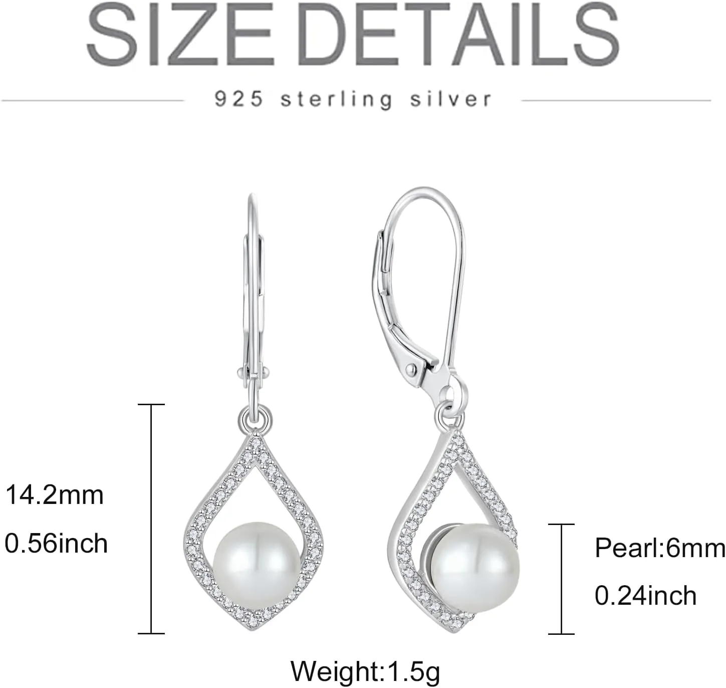 Women Pearl Earrings,925 Sterling Silver 5A Cubic Zirconia Leverback Dangle Drop Earrings with Cultured Freshwater Pearl for Her Mother Wife Birthday Wedding Engagement