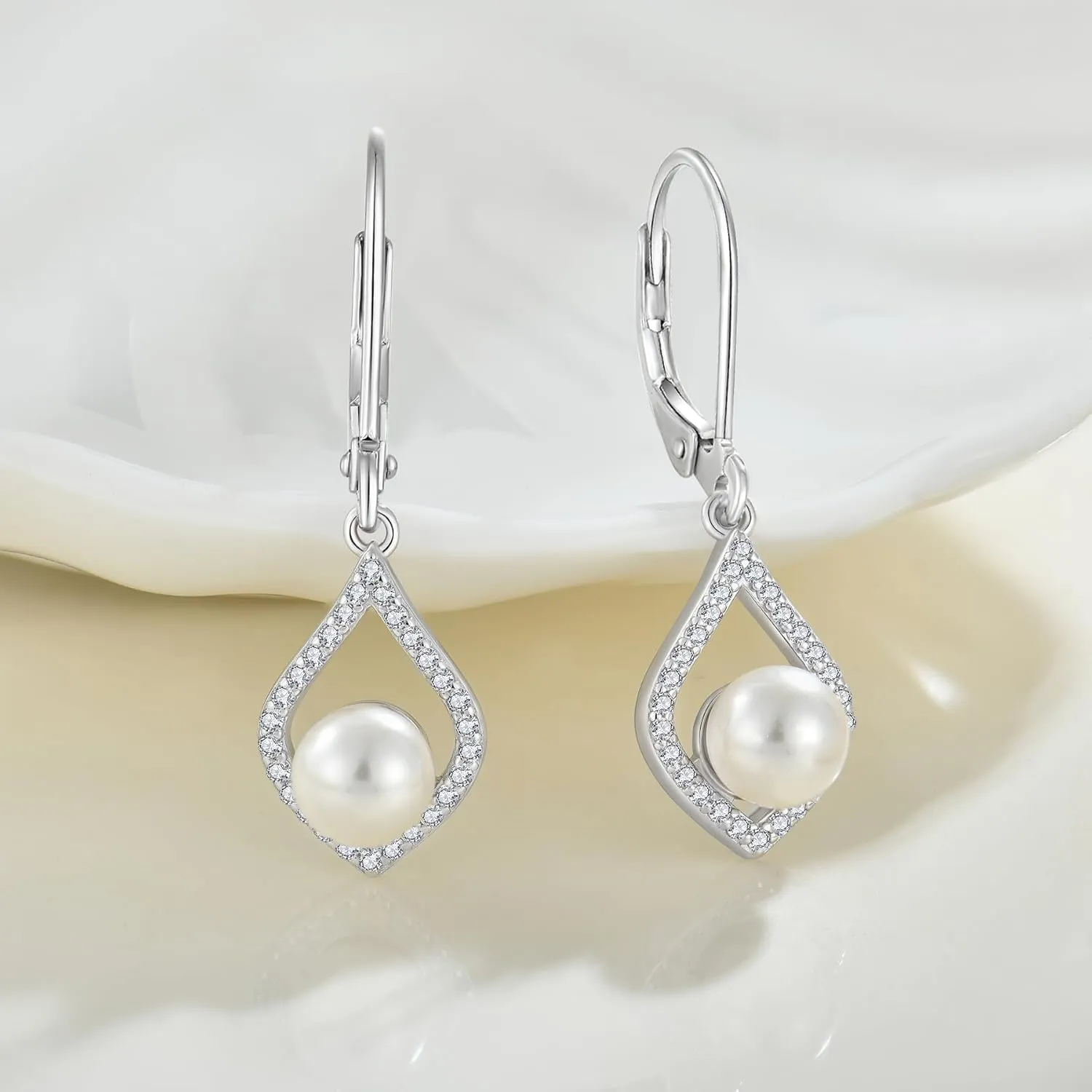 Women Pearl Earrings,925 Sterling Silver 5A Cubic Zirconia Leverback Dangle Drop Earrings with Cultured Freshwater Pearl for Her Mother Wife Birthday Wedding Engagement