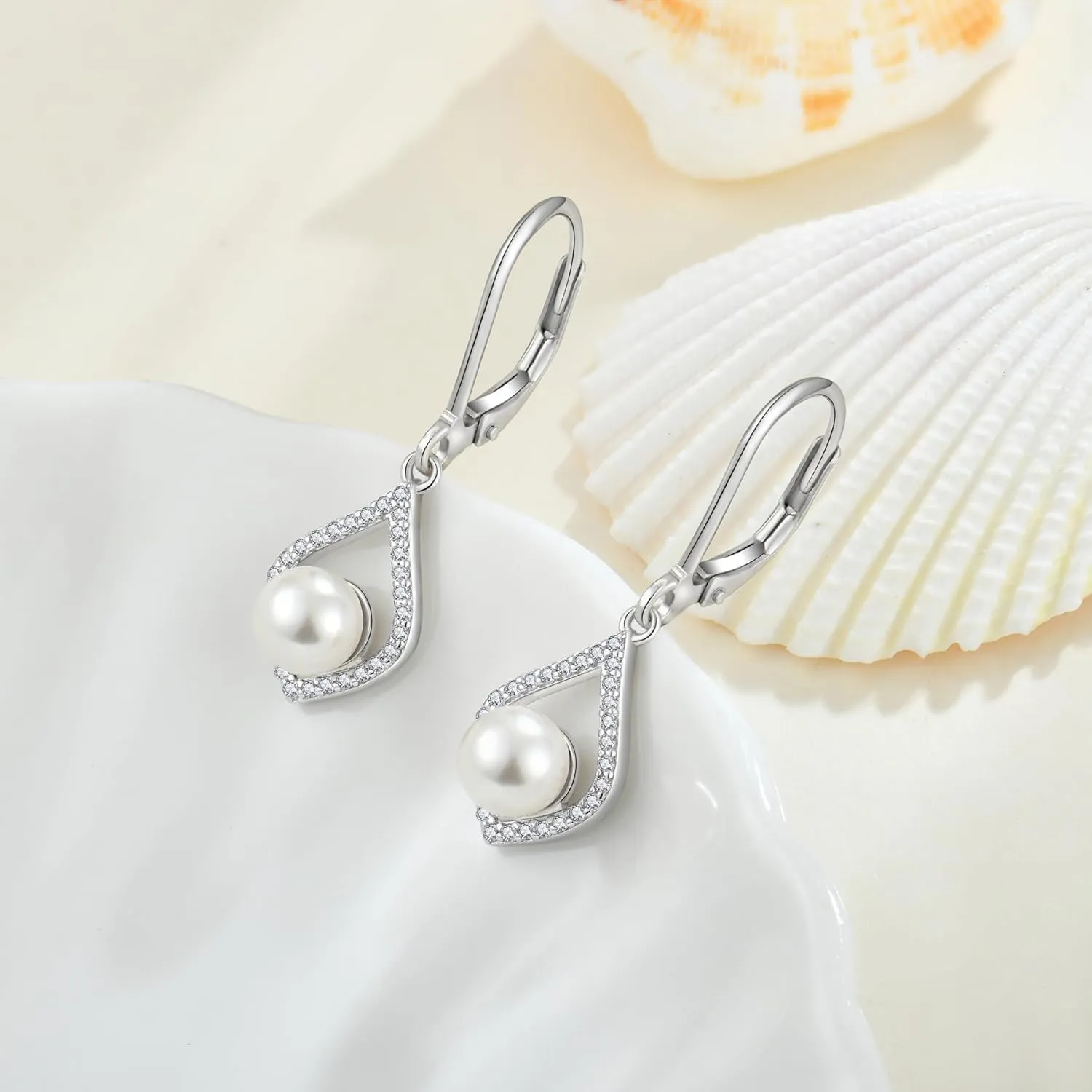 Women Pearl Earrings,925 Sterling Silver 5A Cubic Zirconia Leverback Dangle Drop Earrings with Cultured Freshwater Pearl for Her Mother Wife Birthday Wedding Engagement